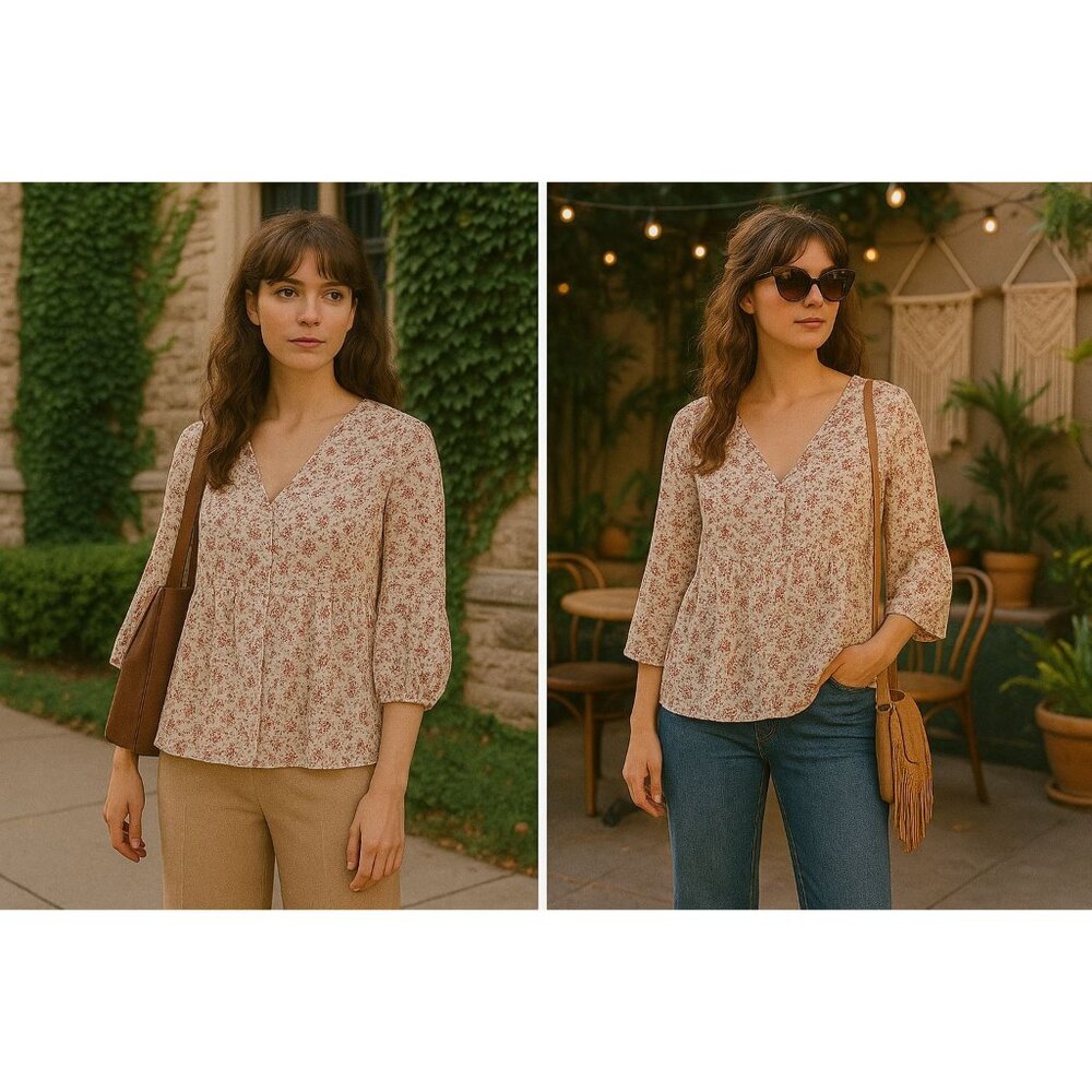 Suzanne Betro Women’s Floral Top Large – Boho Chic, Light Academia, Soft Vintage